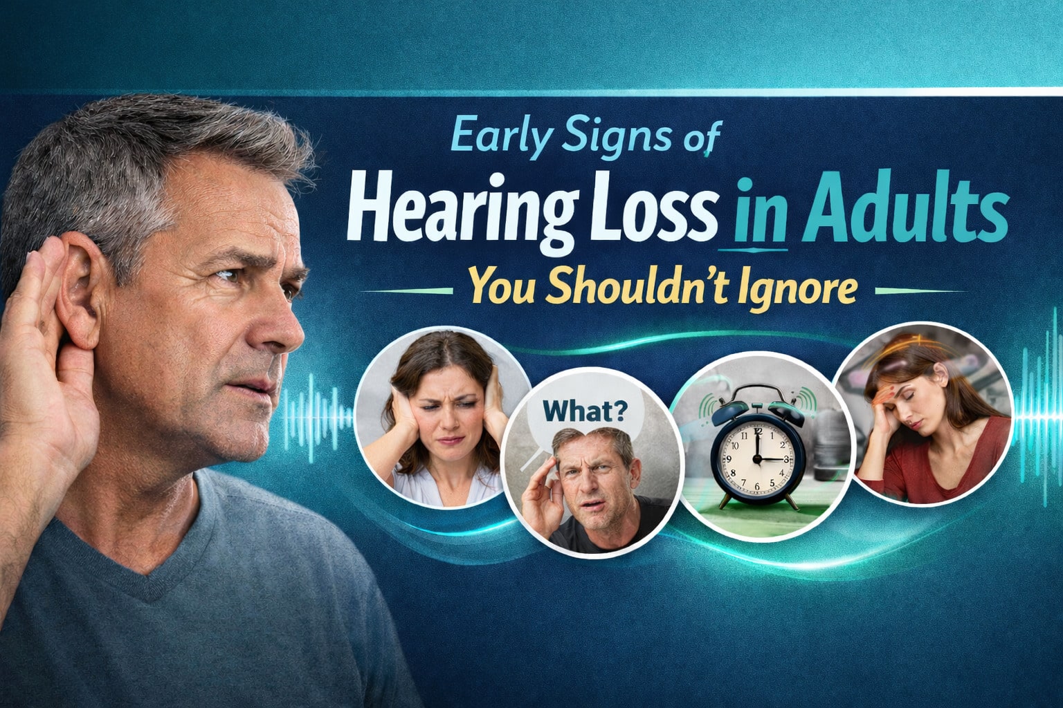 A man holds his hand to his ear. Text reads “Early Signs of Hearing Loss in Adults You Shouldn’t Ignore,” with images of concerned people, an alarm clock, a woman with a headache, and info on Microsuction vs Syringing for ear care.